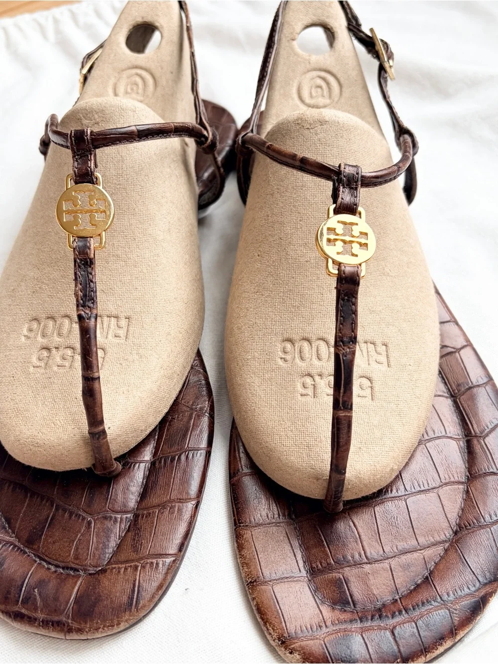 Tory Burch Brown Croc-Embossed T-Strap Sandals with Gold Logo
